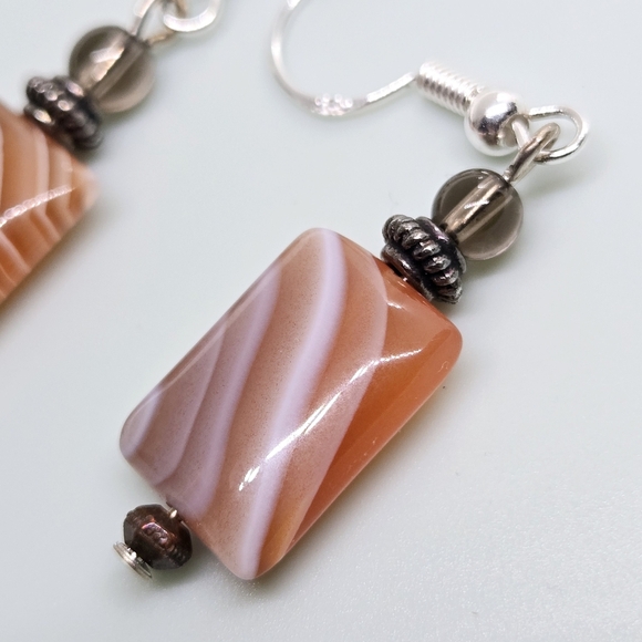 Vintage Gemstone Pink To Tan Nature Stones Earrings In Silver 925 Hooks - Picture 5 of 17